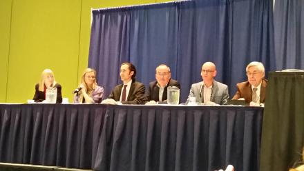 Federal partners panel at BRAIN Initiative Town Hall, 2015 Society for Neuroscience conference. From left to right: Kristen Bowsher (FDA), Catherine Cotell (IARPA), Justin Sanchez (DARPA), Jim Olds (NSF), Greg Farber (NIMH) and Walter Koroshetz (NINDS).