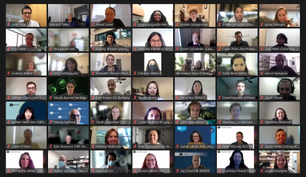 A 7 x 7 grid of video screens from the Zoom-hosted trainee workshop, showing 49 of the workshop participant faces smiling.  