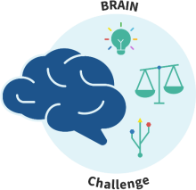 An icon for the BRAIN Initiative Challenge, showing a brain icon, a light bulb, scales, and a brain circuit. 
